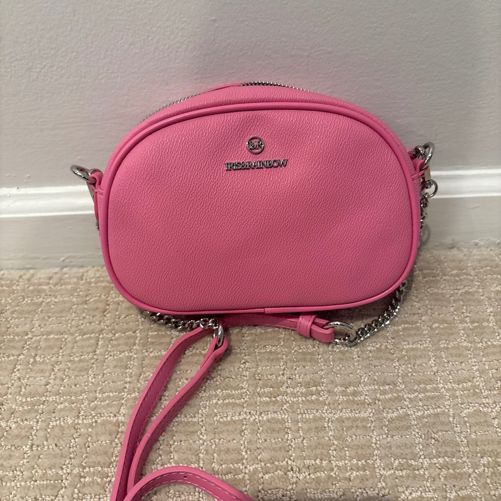 Iris & Rainbow Crossbody Bag Women Small Pink Pebbled Faux Leather Chain Strap